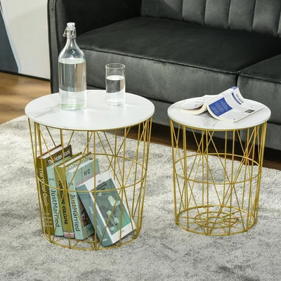 The Range Set of 2 Nesting End Tables with Steel Frame and Removable Top - White and Gold