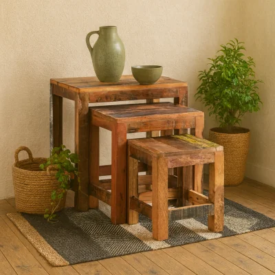 The Range Seattle Set of 3 Reclaimed Wood Nesting Tables  Matt Finish - Brown