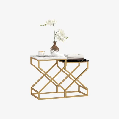 The Range Revi Set of 2 Marble-Effect Nesting Side Tables, Gold Metal Legs