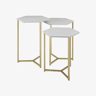 The Range Hexa Set of 3 Modern Nest Tables - White Marble & Gold