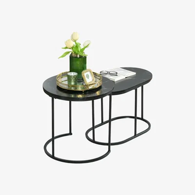 The Range 2PC Nesting Tables With Faux Marble Tabletop Living Room Furniture - Black