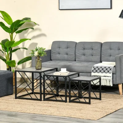 The Range Set of 3 Nesting Coffee Tables Square Side Tables with Metal Frame - Grey
