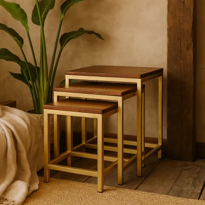 The Range Altomonte Set of 3 Mango Wood Nesting Side Tables, Chestnut Matt Tops, Gold Bases - Brown