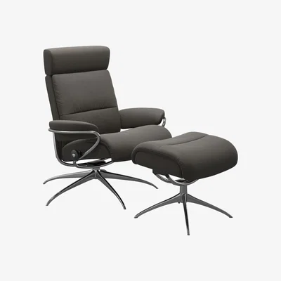 Barker and Stonehouse Stressless Tokyo Recliner Chair Adjustable Headrest & Stool, Grey Leather | Barker & Stonehouse