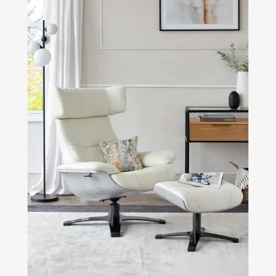 Danetti Karma white leather swivel recliner accent chair and footstool
