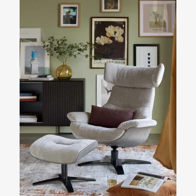 Danetti Karma light grey fabric swivel recliner accent chair and footstool