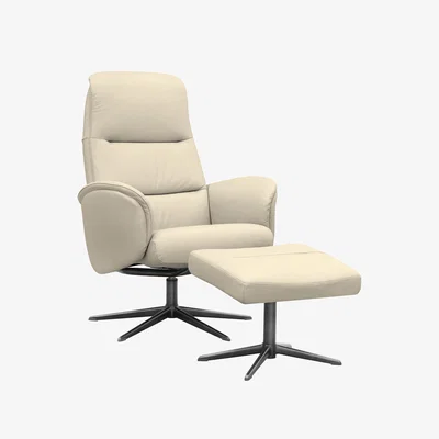Furniture Village G Plan - Falum Leather Swivel Recliner Chair and Footstool with Black Base - Cambridge Stone