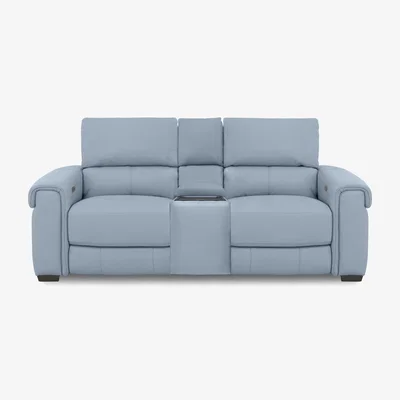 Furniture Village Nixon 2 Seater NC Leather Power Recliner Sofa with Cupholder Power Console - Pearl Blue