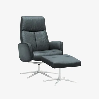Furniture Village G Plan - Vaasa Leather Swivel Recliner Chair and Footstool with Chrome Base