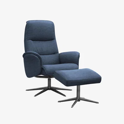 Furniture Village G Plan - Falum Fabric Swivel Recliner Chair and Footstool with Black Base - Stingray Indigo