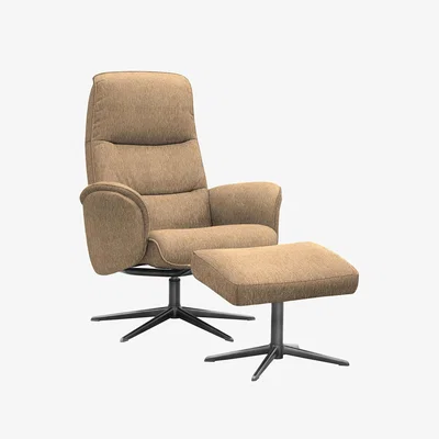 Furniture Village G Plan - Falum Fabric Swivel Recliner Chair and Footstool with Black Base - Boucle Cocoa