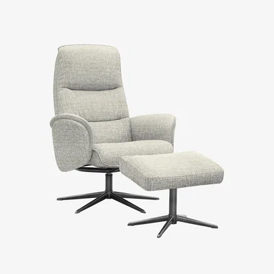 Furniture Village G Plan - Falum Fabric Swivel Recliner Chair and Footstool with Black Base - Waffle Smoke