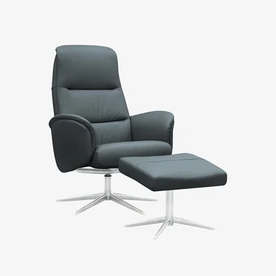 Furniture Village G Plan - Falum Leather Swivel Recliner Chair and Footstool with Chrome Base