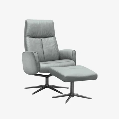 Furniture Village G Plan - Vaasa Leather Swivel Recliner Chair and Footstool with Black Base - Cambridge Grey