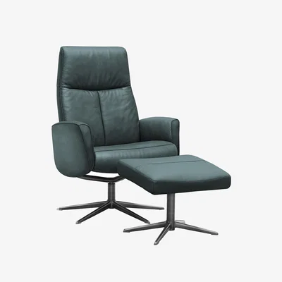 Furniture Village G Plan - Vaasa Leather Swivel Recliner Chair and Footstool with Black Base - Cambridge Petrol Blue
