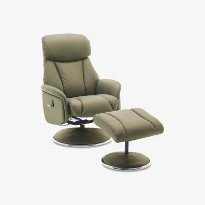 Furniture Village Elm TO Leather Swivel Recliner Chair and Footstool - Olive Green