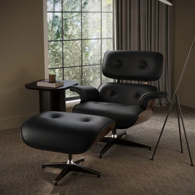 Furniture123 Black Real Leather and Walnut Lounge Chair with Ottoman - Joseph