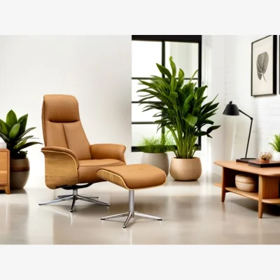 Downtown G Plan Skara Manual Recliner Chair and Stool Set - Fabric Grade W - Dark Wood - Polished Base