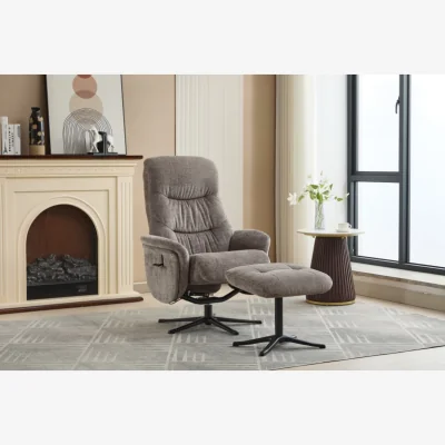 Downtown Houston Fabric Swivel Recliner and Stool Set - Ash In Grey
