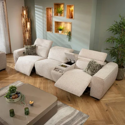 Quatropi Modern 3 Seater Electric Recliner Sofa Settee Charger Cup Holders Storage Beige 315cm 1C1