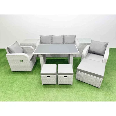 The Range Fimous 8-Seater Outdoor Rattan Furniture Set with 3-Seater Sofa and Recliners - Light grey rattan + dark grey fabric
