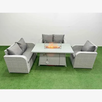 The Range Fimous Light Grey High-Back Poly Rattan 4-Piece Patio Set with Recliner and Firepit Table. - Light Grey