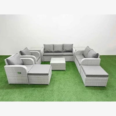 The Range Fimous PE Rattan Garden Sofa Set Light Grey, 9-Seat, Adjustable Recliners, Tempered Glass Table. - Light Grey