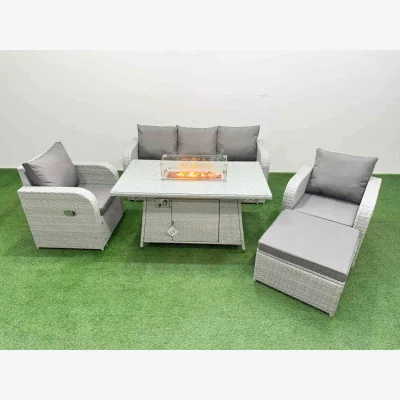The Range Fimous PE Rattan Garden Set - 3-Seater Sofa, 2 Recliners, Firepit Table - Light Grey