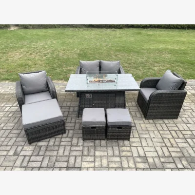 The Range Fimous 7-Piece Rattan Garden Set with Gas Fire Pit Table, Love Sofa, 2 Recliners & 3 Footstools - Dark Grey