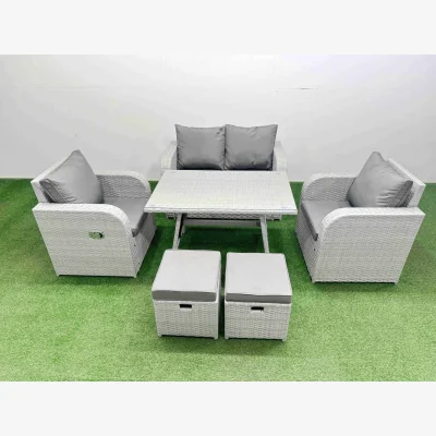 The Range Fimous 6-Seat Light Grey PE Rattan Garden Set with Recliners and Glass Table - Light grey rattan + dark grey fabric