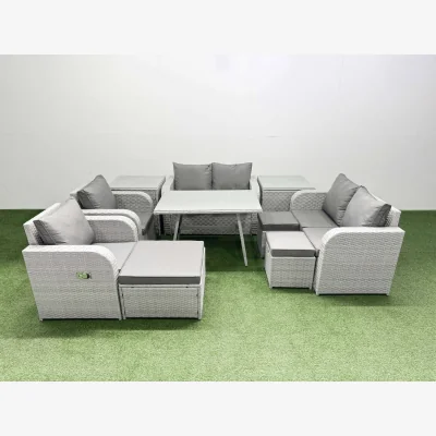 The Range Fimous 9-Seater Rattan Garden Furniture Set with Recliners and Rectangular Dining Table Light Grey - Light grey rattan + dark grey fabric