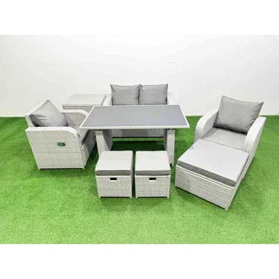 The Range Fimous Outdoor PE Rattan 7-Seater Garden Furniture Set with Recliners and Tempered Glass Table. - Light grey rattan + dark grey fabric