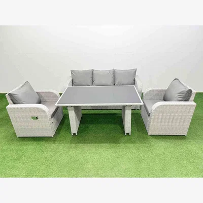 The Range Fimous Outdoor Rattan 5-Seater Garden Set with 3-Seater Sofa, 2 Recliners and Tempered Glass Table. - Light Grey