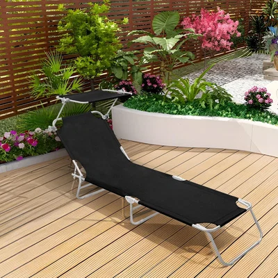 The Range Premium Folding Recliner Sun Lounger Chair with Adjustable Sunshade - Black