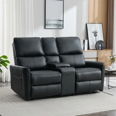 The Range Madrid 2 Seater W Console Manual Air Leather Recliner Sofa - Black