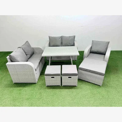 The Range Fimous 8-Seater Light Grey PE Rattan Outdoor Set with Recliner & Table - Light grey rattan + dark grey fabric