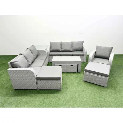 The Range Fimous PE Rattan Garden Set: 2 x 3-Seater Sofas, Recliner, Table Light Grey - Light grey rattan with dark grey fabric