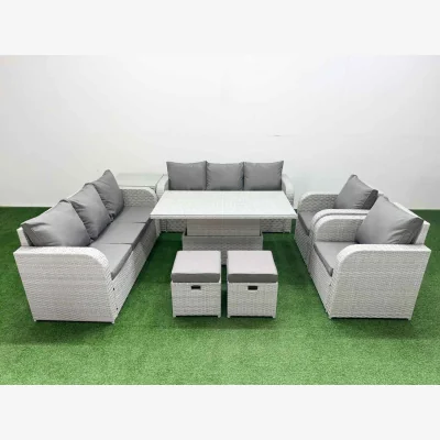 The Range Fimous PE Rattan High Back Lounge Sofa Set, Adjustable Recliners & Lifting Table, Light Grey - Light Grey
