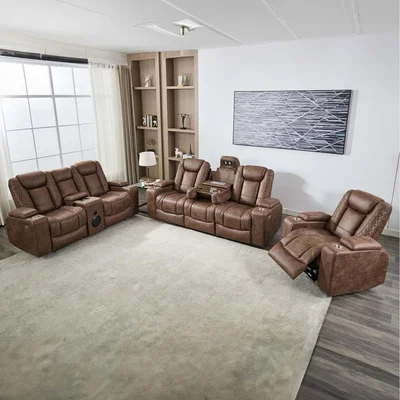 The Range Ashton 1,2,3 Seater Fabric Auto Recliner Sofa Set - Brown