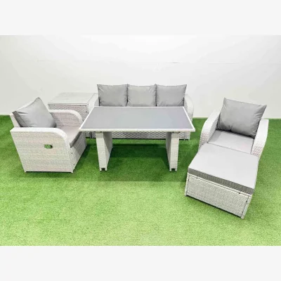 The Range Fimous 6-Seater Outdoor Rattan Garden Furniture Set with 3-Seater Sofa and Recliners. - Light grey rattan + dark grey fabric