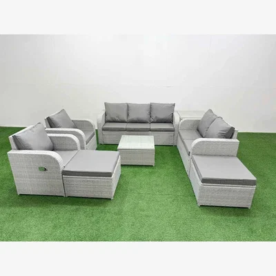 The Range Fimous PE Rattan Garden Furniture Set with 2 Recliners, Love Seat, 3-Seater and Tables. - Light Grey