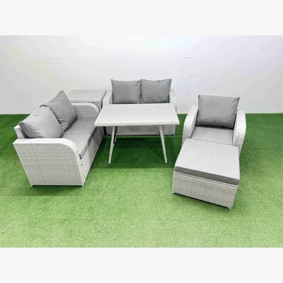 The Range Fimous 6-Seater Outdoor Rattan Garden Set with Recliner, Love Sofas, Dining Table Light Grey - Light Grey