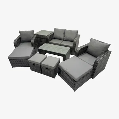 The Range Fimous 8-Seat Rattan Garden Set - 3-Seater & 2 Recliners - Dark Grey Mixed rattan with dark grey fabric