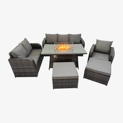 The Range Fimous Rattan Fire Pit Dining Set, 3-Seater Love Sofa & Recliner, Dark Grey - Dark Grey Mixed