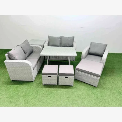 The Range Fimous 8-Seater Outdoor Rattan Garden Furniture Set with Recliner and Dining Table. - Light grey rattan + dark grey fabric