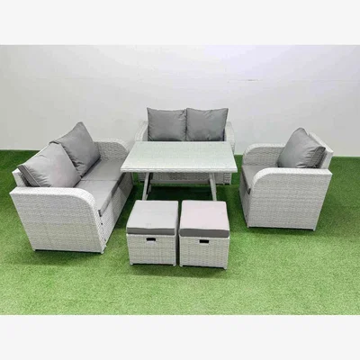 The Range Fimous 7-Seater Outdoor Rattan Set with Recliners & Dining Table - Light grey rattan + dark grey fabric