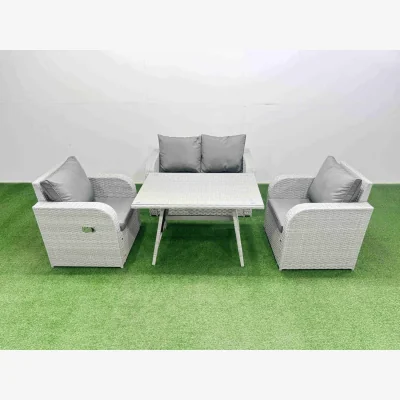 The Range Fimous Light Grey PE Rattan Outdoor Set - 2 Recliners, Love Sofa & Glass Dining Table. - Light grey rattan + dark grey fabric