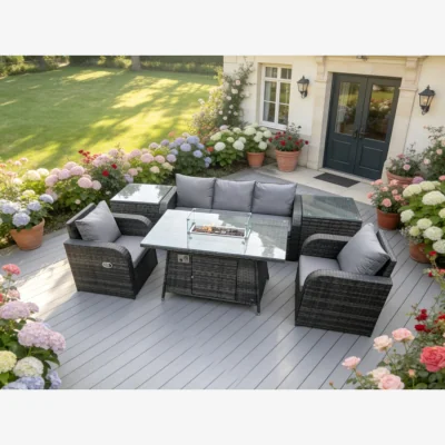 The Range Fimous Outdoor Rattan Set with Propane Fire Pit, 3-Seater Sofa and 2 Recliners - Dark Grey