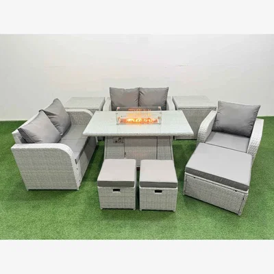 The Range Fimous High-Back Rattan Patio Set with Recliner Loveseat and Firepit Light Grey - Light grey rattan with dark grey fabric
