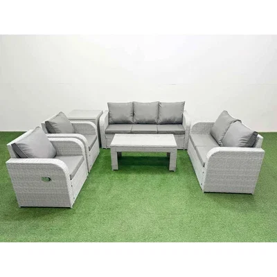 The Range Fimous PE Rattan 6-Piece Garden Sofa Set, 7 Seats, Adjustable Recliners, Light Grey. - Light grey rattan with dark grey fabric